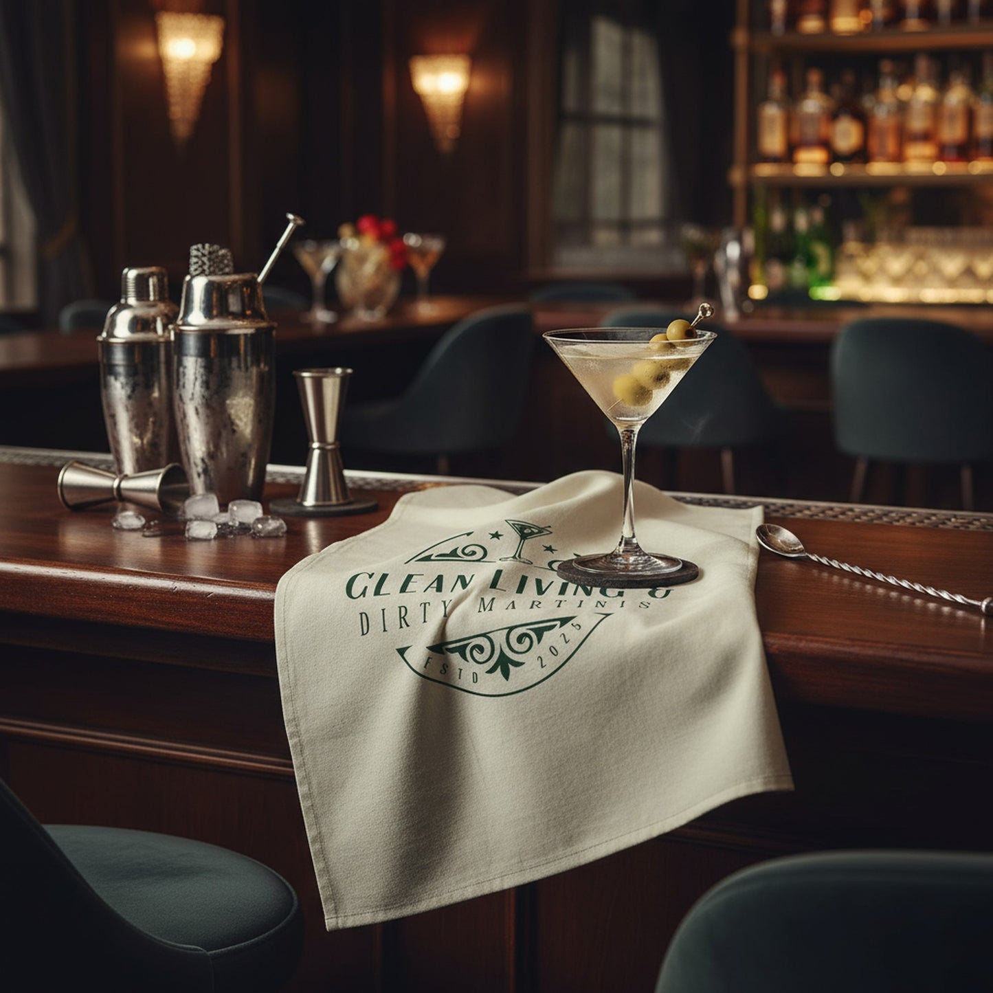 Clean Living & Dirty Martinis Dish Towel - Fun Kitchen Decor Gift