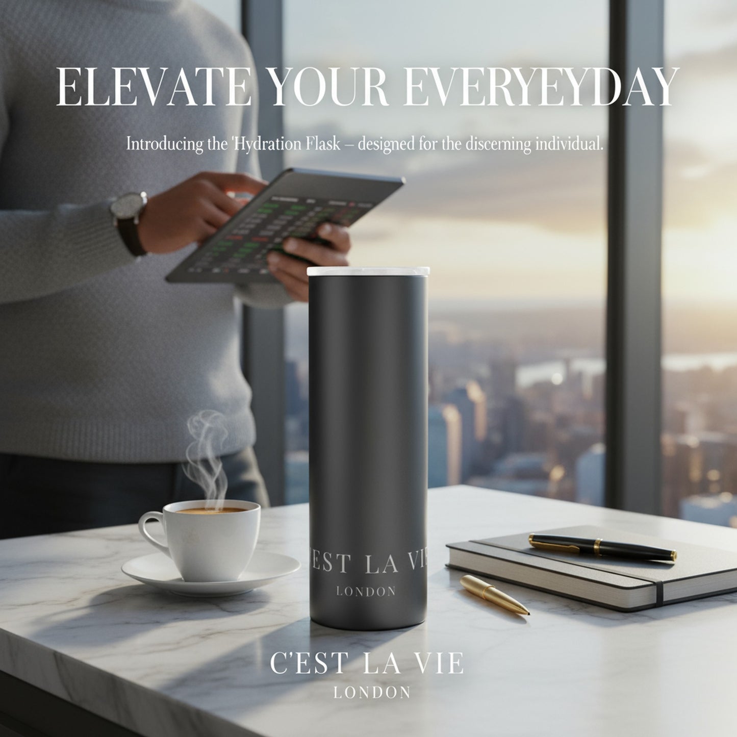 Chic Black Water Bottle - C'EST LA VIE Design for Fashionable Hydration
