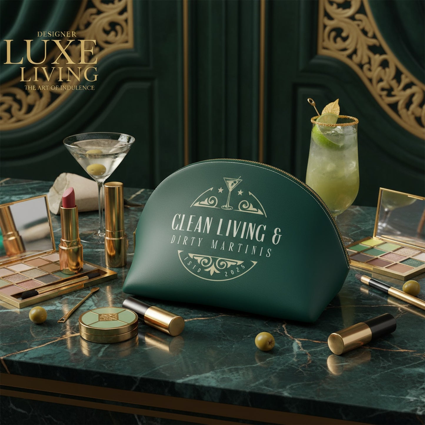 Stylish Green Cosmetic Bag - Clean Living & Dirty Martinis Design