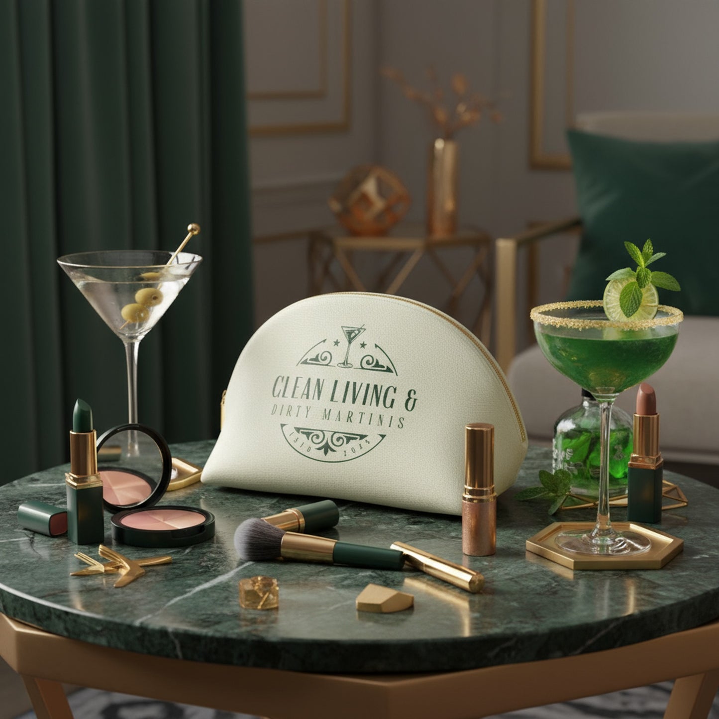 Stylish Cosmetic Bag: Clean Living & Dirty Martinis Design