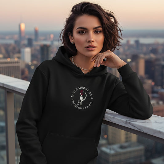 Chic Black Hoodie: Latte Mornings Champagne Nights Design