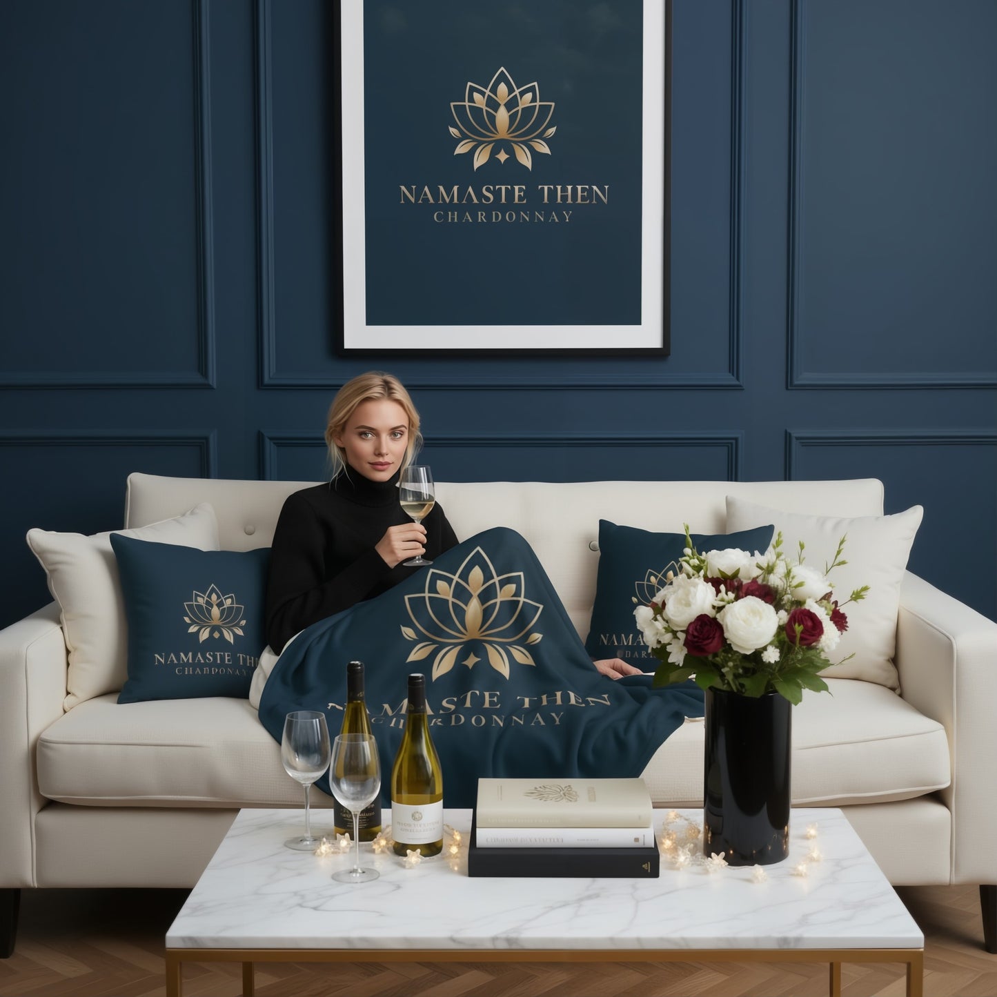 Namaste Then Chardonnay Ink Blue Sherpa Luxury Throw Blanket