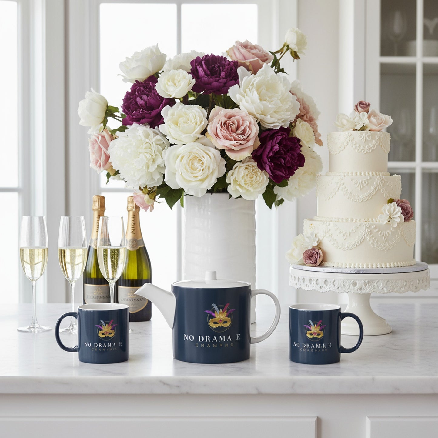 Stylish No Drama Just Champagne Bone China Tea Pot - Gift for Tea Enthusiasts