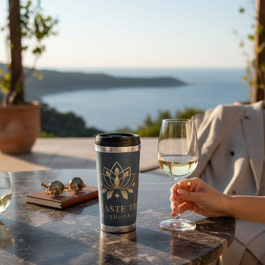 Namaste Then Chardonnay Ink Blue Travel Mug - Perfect Gift for Wine Lovers