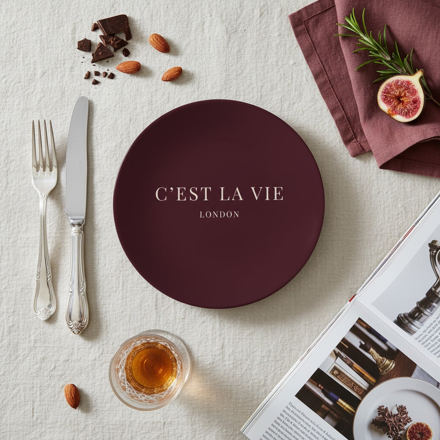 C'EST LA VIE Burgundy Bone China Plates - Set of Two
