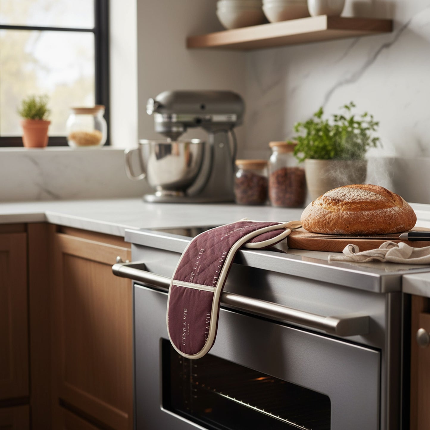 C'EST LA VIE Burgundy Oven Gloves - Stylish Kitchen Accessories