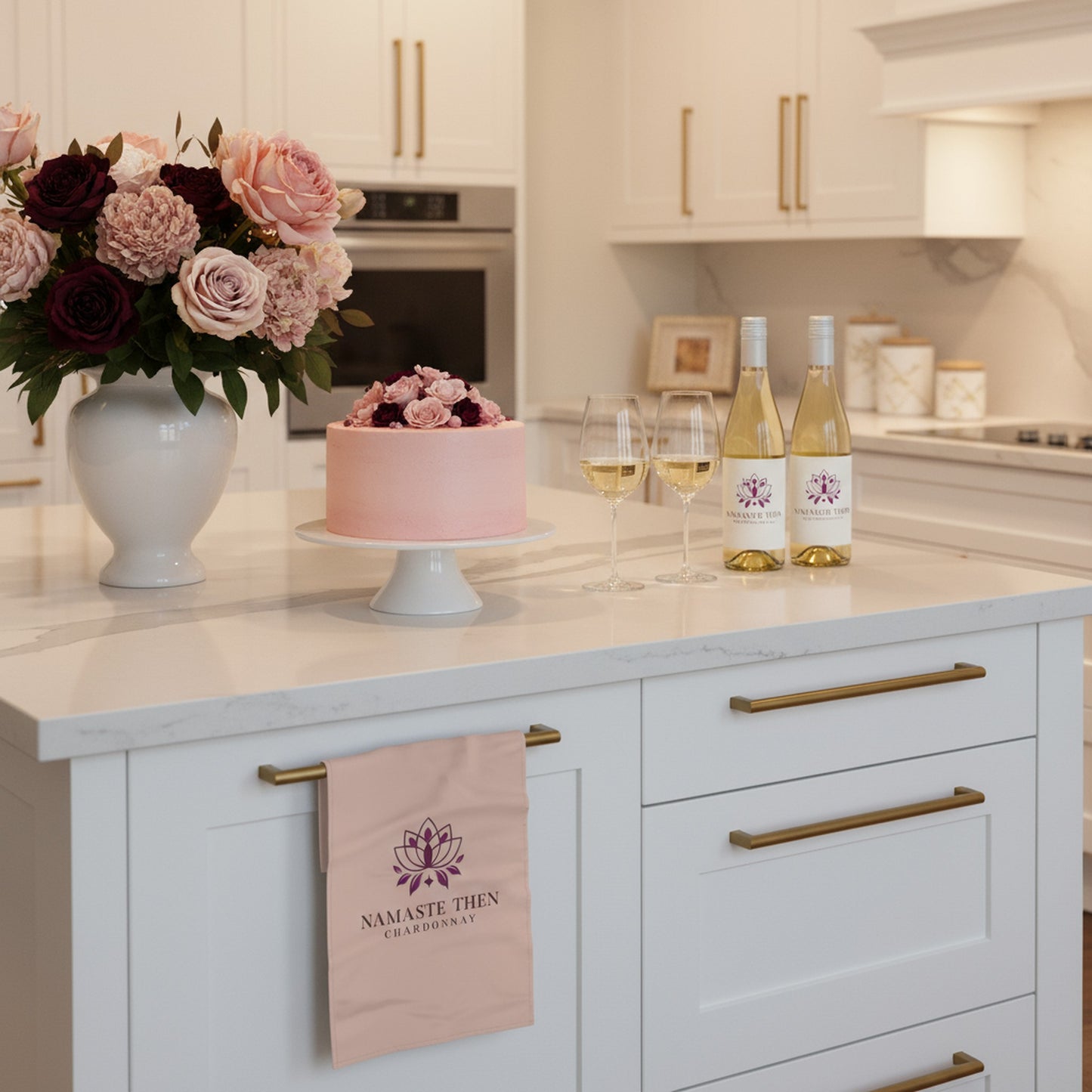 Chardonnay & Namaste Pink Tea Towel - Perfect Gift for Wine Lovers