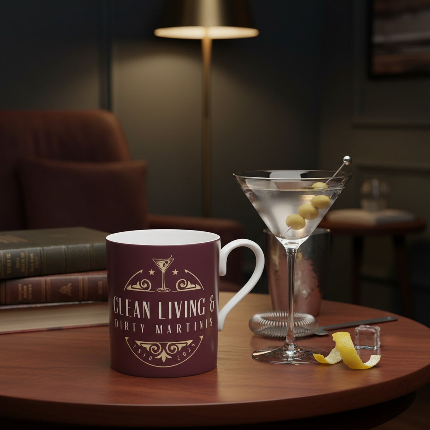 Burgundy Fine Bone China Mug: Clean Living & Dirty Martinis