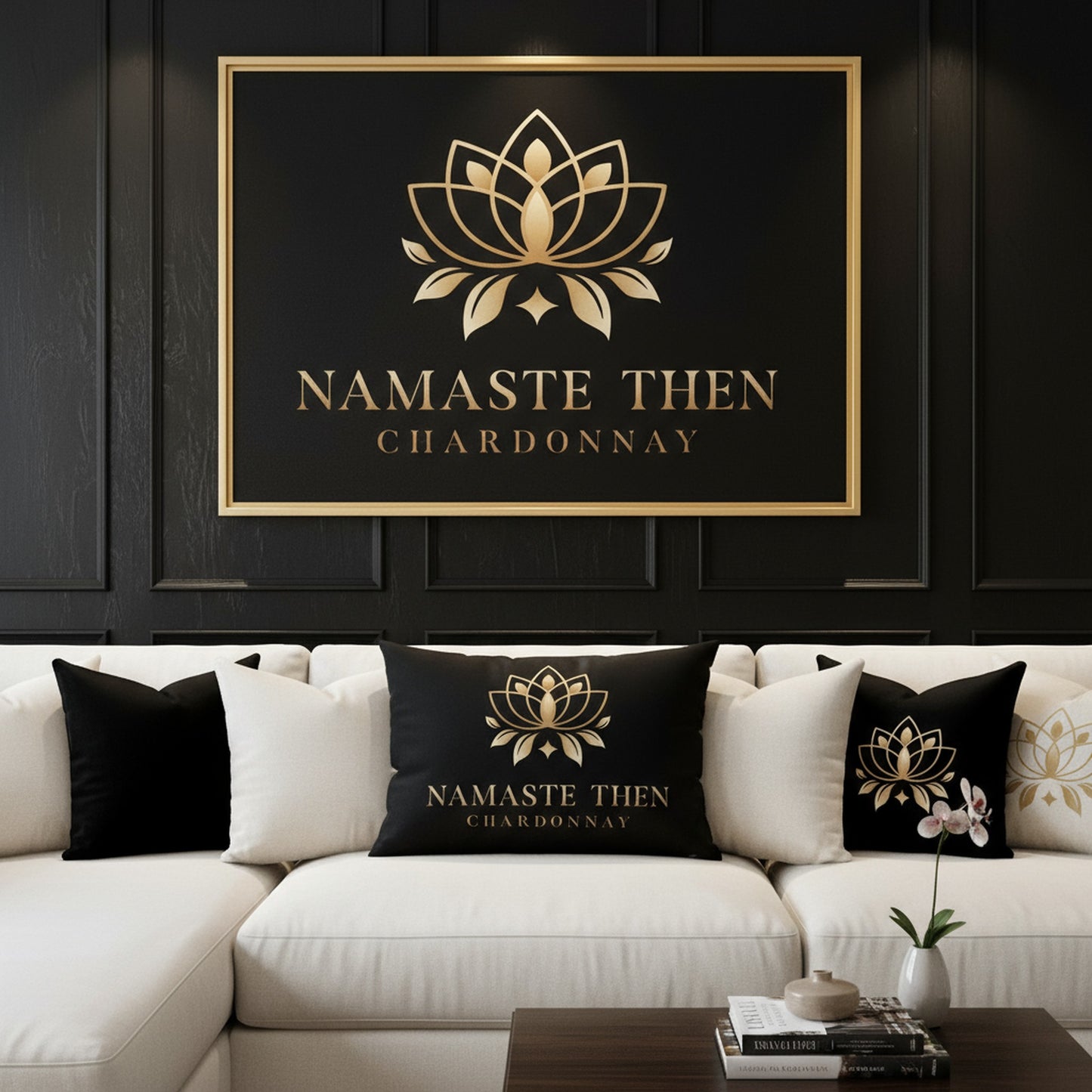 Namaste Then Chardonnay Velvet Pillow | Black Decorative Cushion