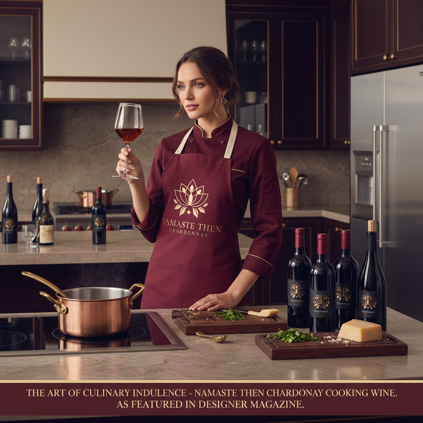 Burgundy Apron with Namaste Then Chardonnay Quote — Fun Cooking Gift