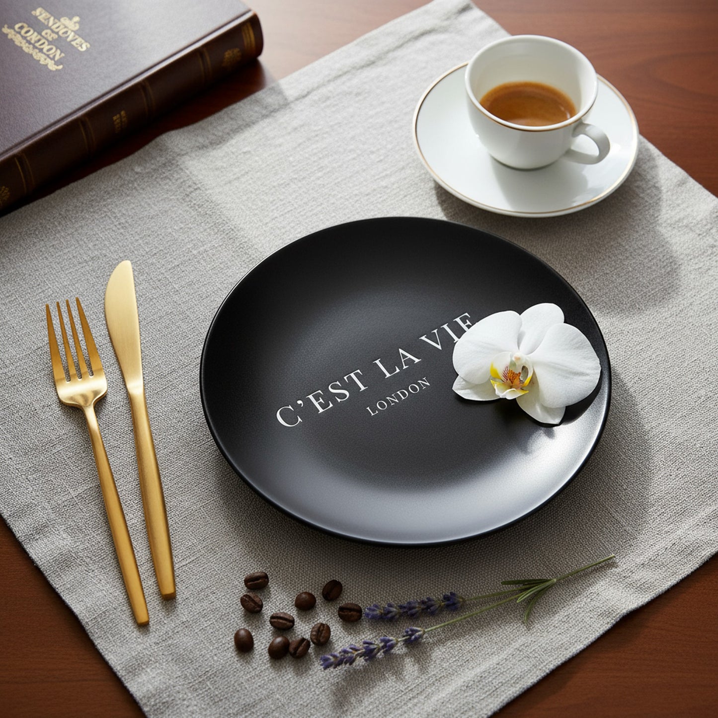 C'EST LA VIE Black Bone China Plate Set of Two | Elegant Dining Decor