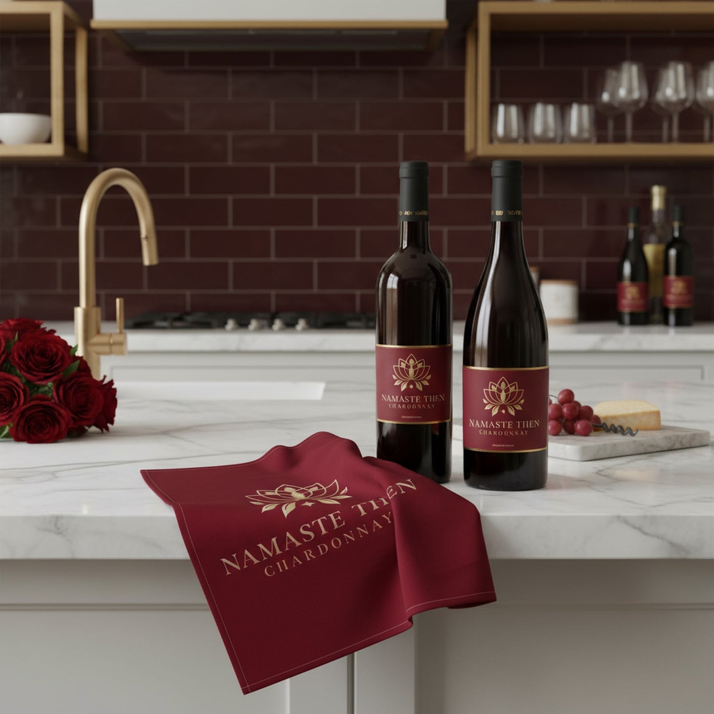 Namaste Then Chardonnay Burgundy Tea Towel - Zen Kitchen Decor