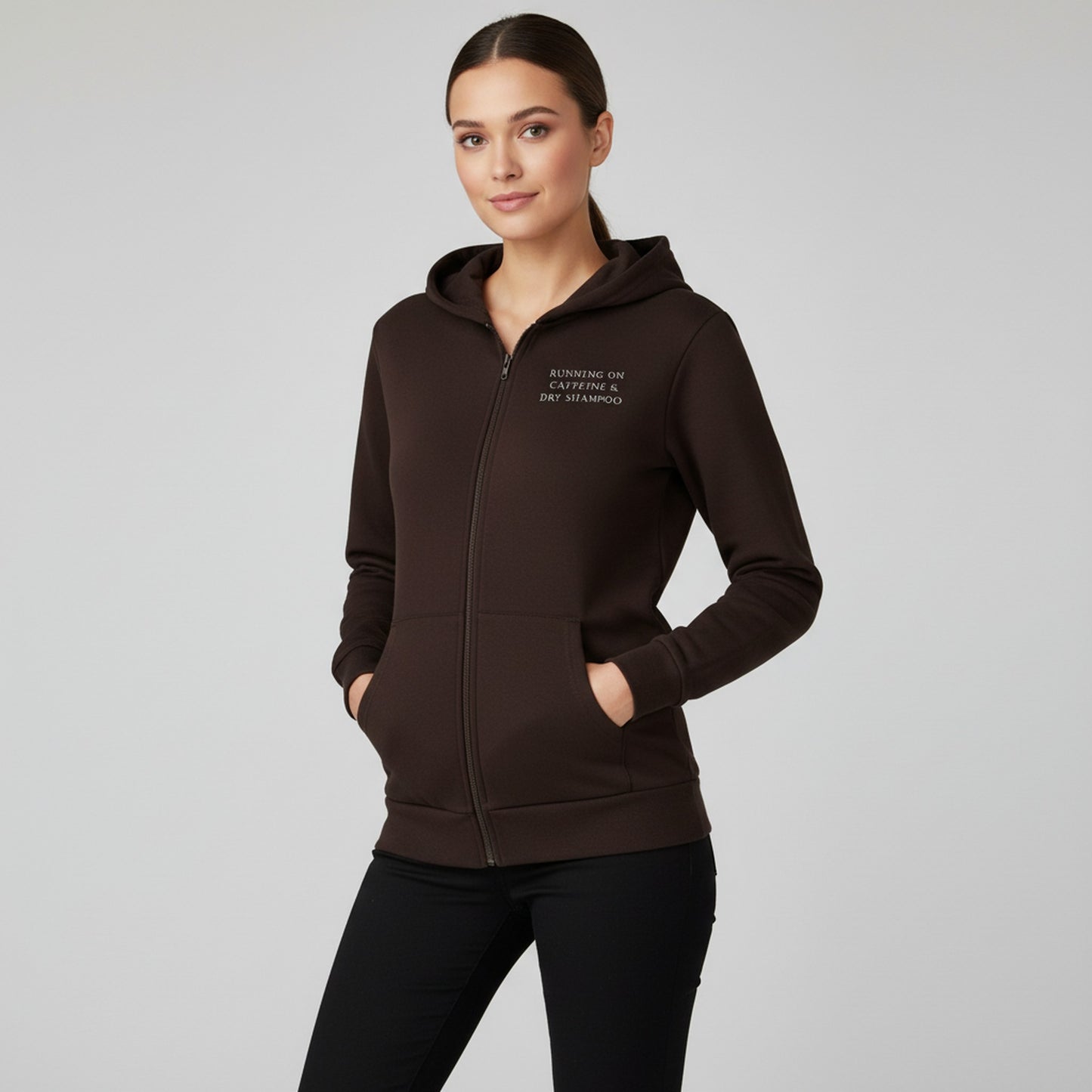 Running On Caffeine & Dry Shampoo Zip Up Graphic Hoodie