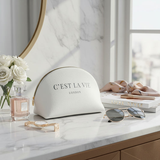 C'EST LA VIE Cream Makeup Bag - Chic Cosmetic Pouch