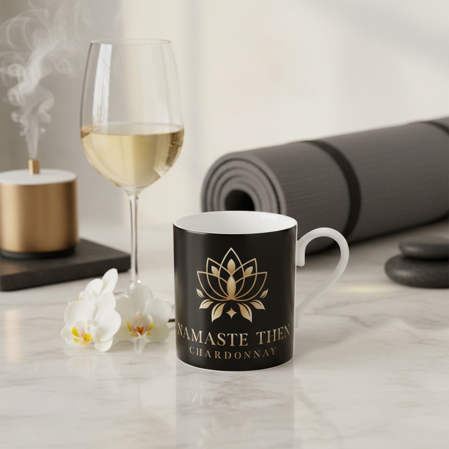 Chardonnay Mug with Namaste Design | Black Ceramic | Perfect for Wine Lovers