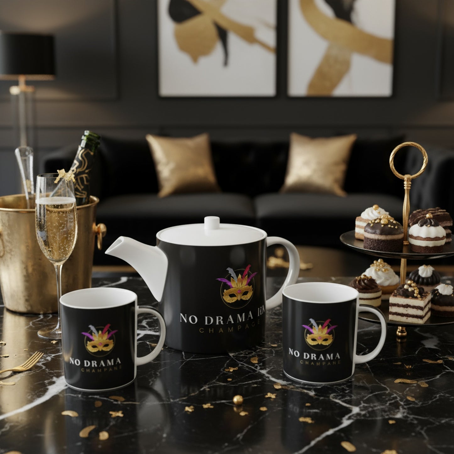 Chic Black Bone China Tea Pot - No Drama Just Champagne Design