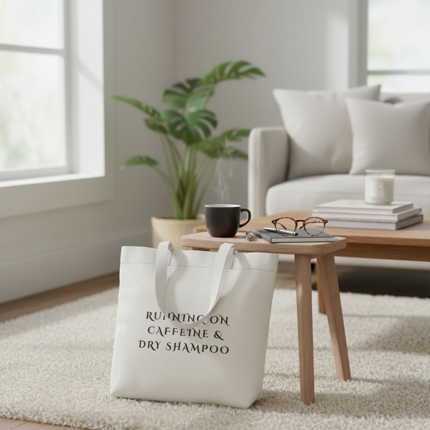 Chic Tote Bag: Running on Caffeine & Dry Shampoo Design
