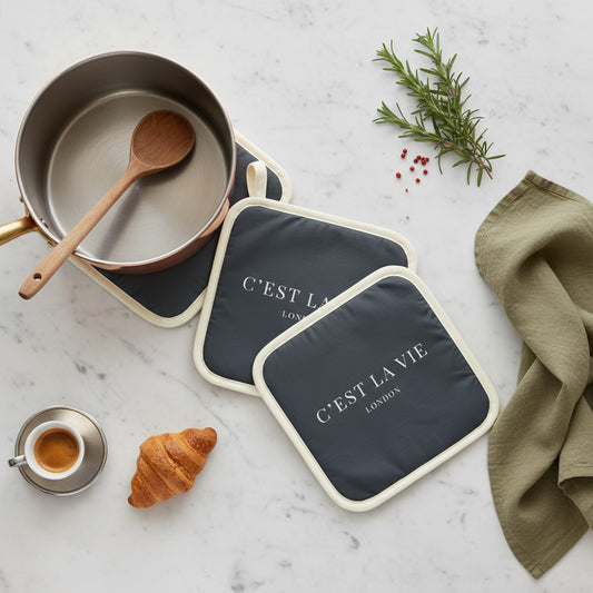 C'EST LA VIE Navy Pot Grabs - Set of 2 Stylish Kitchen Mitts