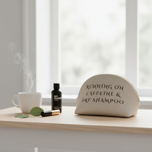 Chic Makeup Bag: Running on Caffeine & Dry Shampoo Design