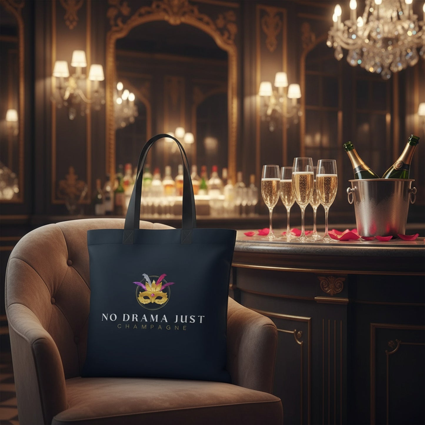 Chic Navy Tote Bag: No Drama Just Champagne Design