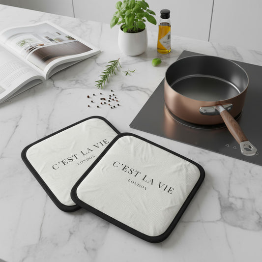 Set of 2 C'EST LA VIE Pot Grabs - Cream & Black Kitchen Essentials