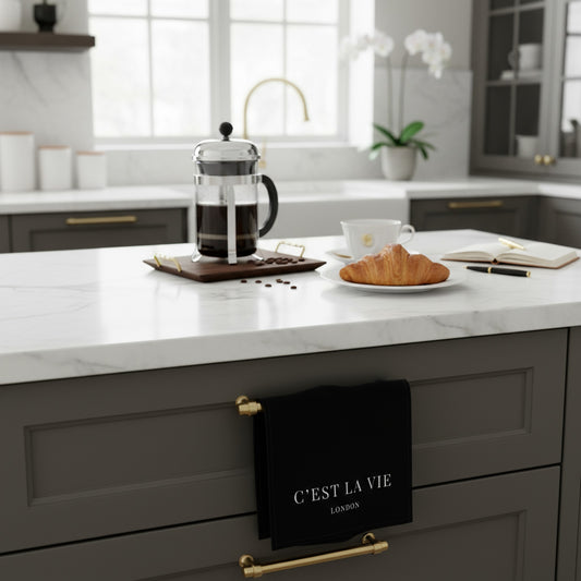 Black Tea Towel - C'EST LA VIE | Chic Kitchen Quote Decor