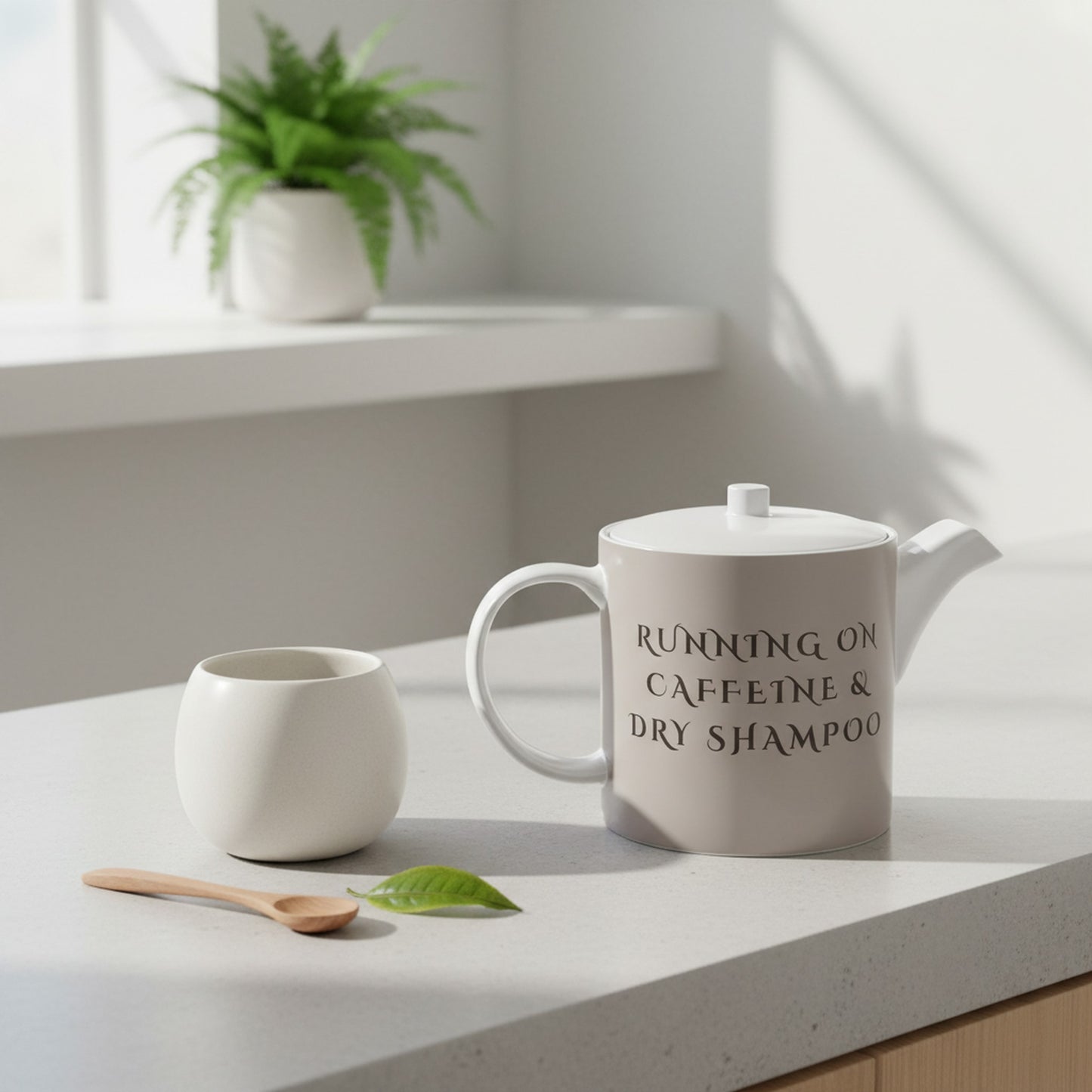 Bone China Tea Pot - Running on Caffeine & Dry Shampoo Design