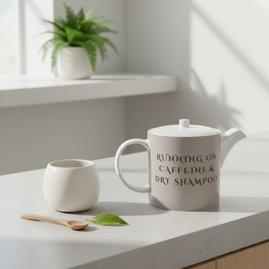 Bone China Tea Pot - Running on Caffeine & Dry Shampoo Design