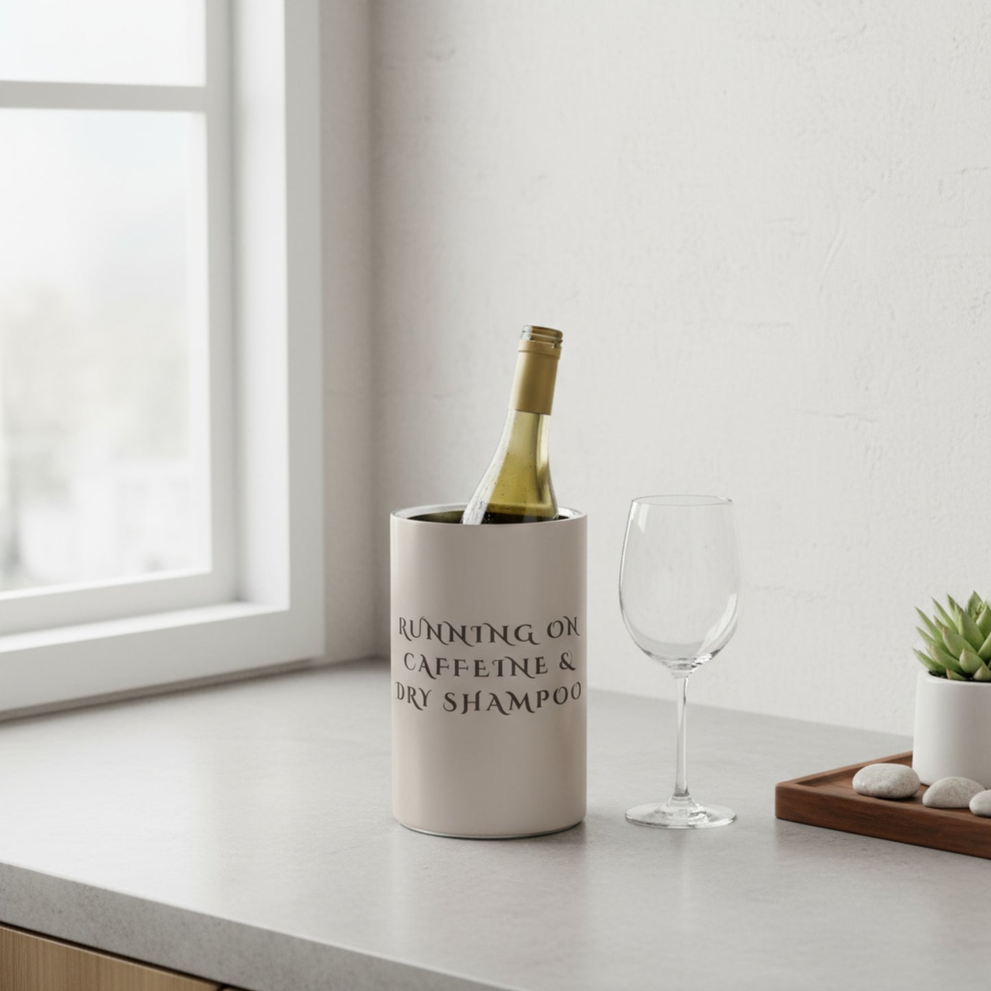 Stylish Wine Cooler - Running On Caffeine & Dry Shampoo Design