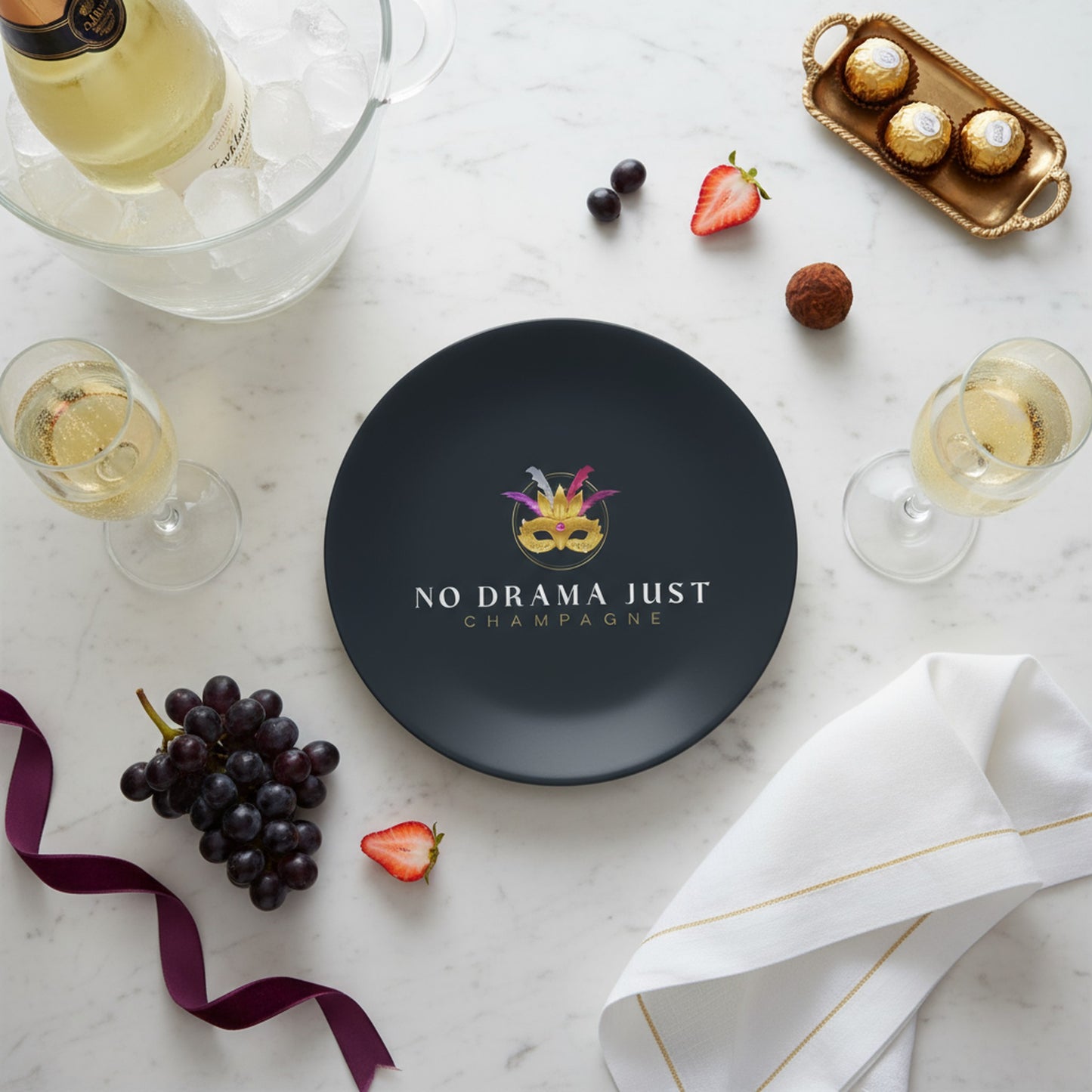 No Drama Just Champagne - Navy Bone China Plate Set of 2