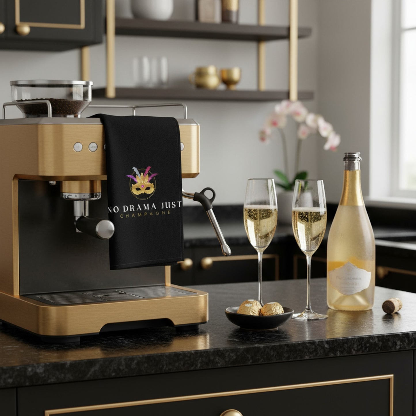 No Drama Just Champagne - Fun Black Tea Towel for Wine Lovers