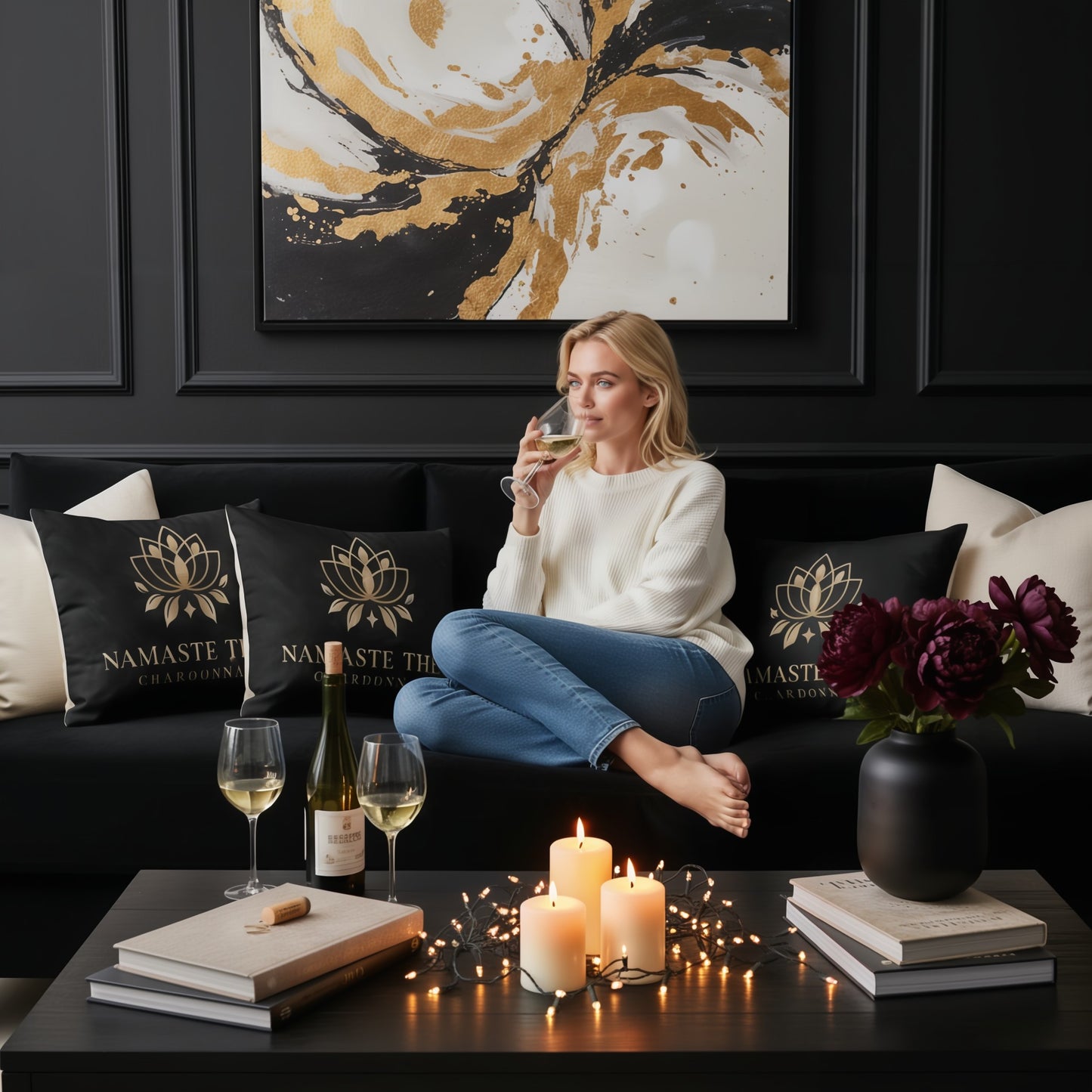 Namaste Then Chardonnay Velvet Pillow | Black Decorative Cushion