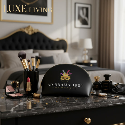 Elegant Black Makeup Bag - No Drama Just Champagne Design