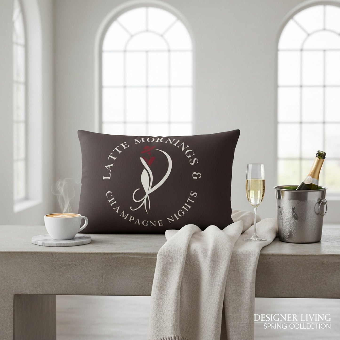 Luxury Velvet Cushion: Latte Mornings & Champagne Nights