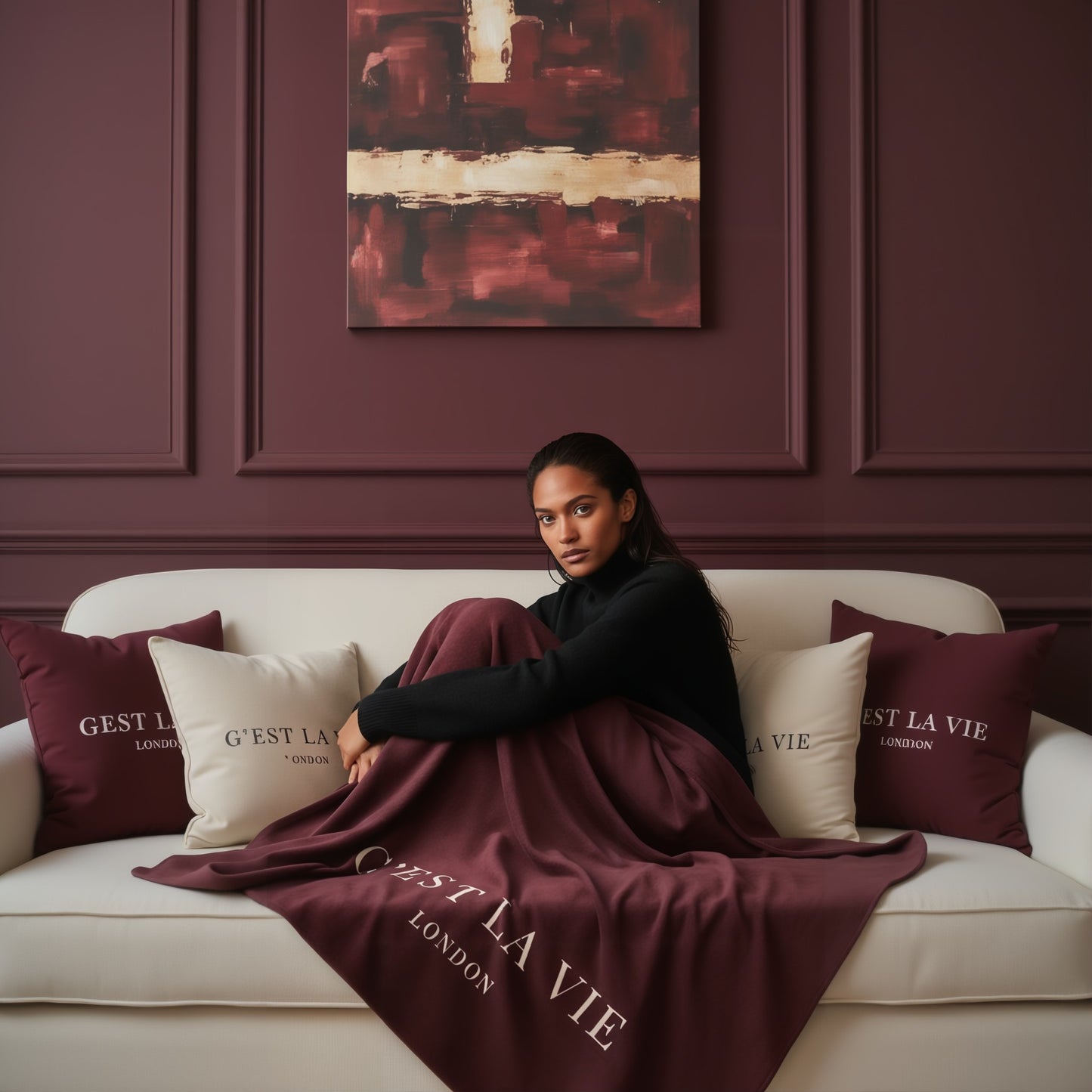 C'EST LA VIE Sherpa Throw | Burgundy Luxury Blanket for Home