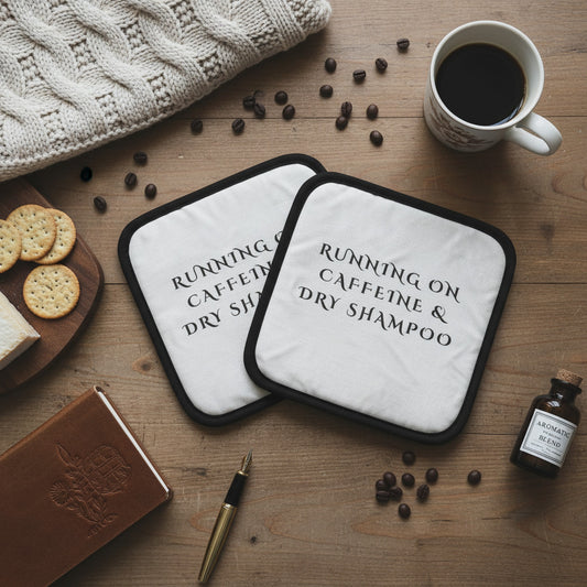 Set of 2 Pot Grabs: Running On Caffeine & Dry Shampoo for Stylish Kitchen Decor