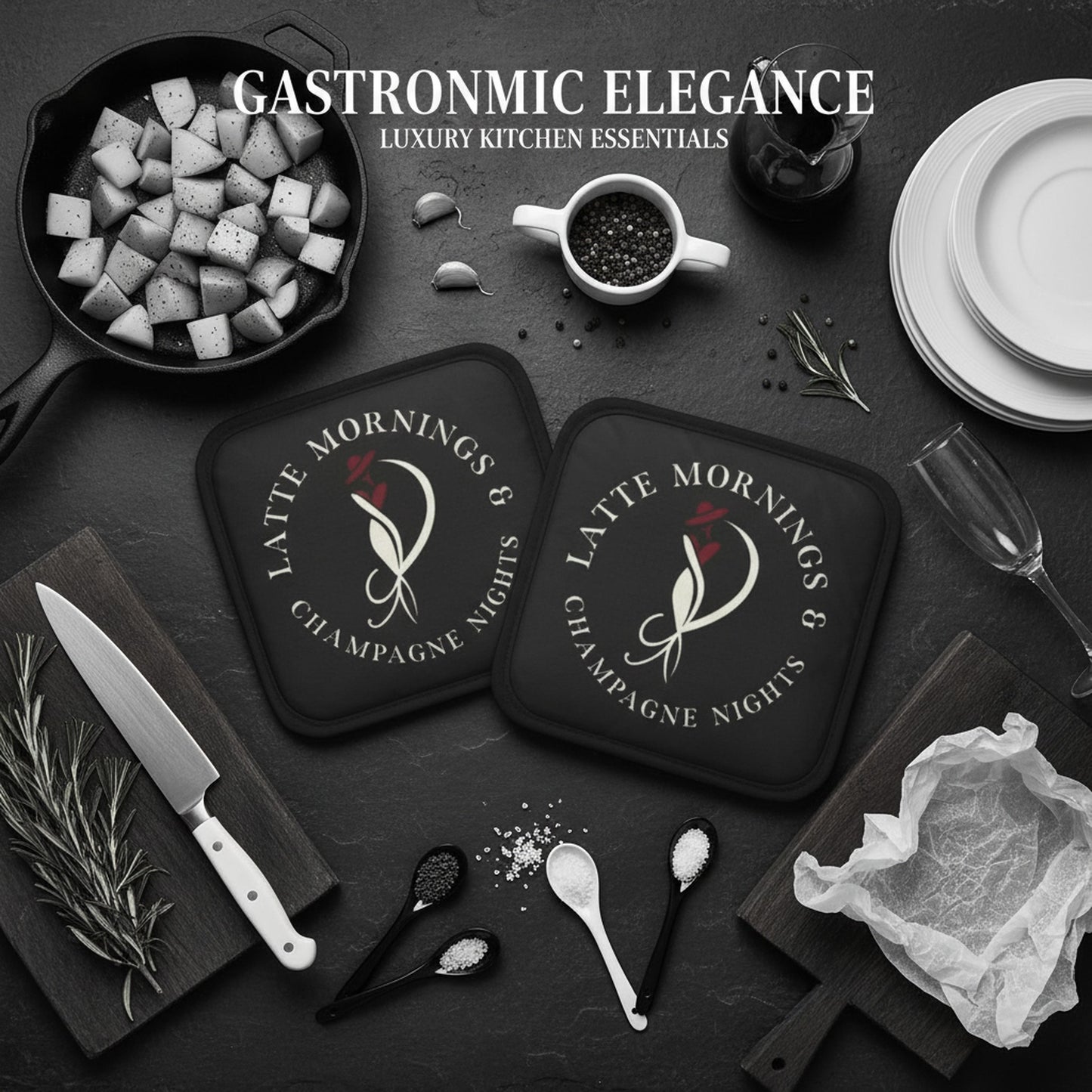 Latte Mornings & Champagne Nights: Set of 2 Pot Grabs