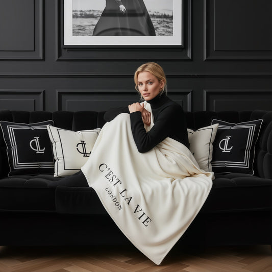 C'EST LA VIE Cream Sherpa Throw - Elegant and Warm Luxury Blanket