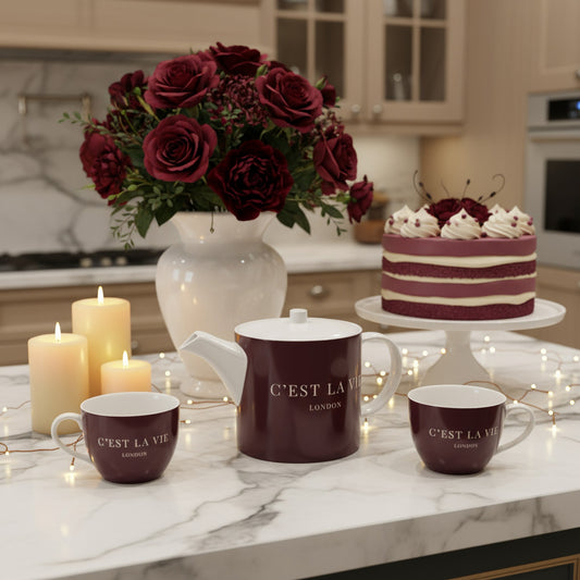 C'EST LA VIE Burgundy Bone China Tea Pot | Elegant Teapot for Any Occasion