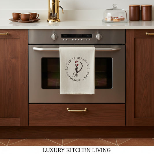 Coffee and Bubbles Tea Towel: Latte Mornings & Champagne Nights Design