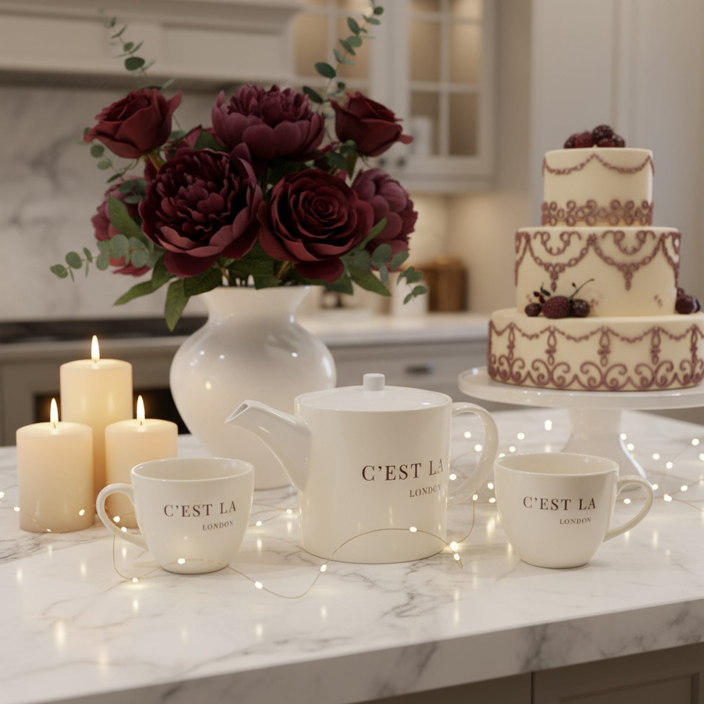 C'EST LA VIE Cream Bone China Tea Pot - Elegant Tea Set Décor