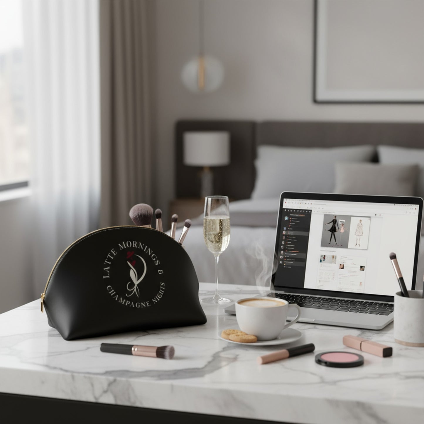 Chic Cosmetic Bag - Latte Mornings & Champagne Nights Design
