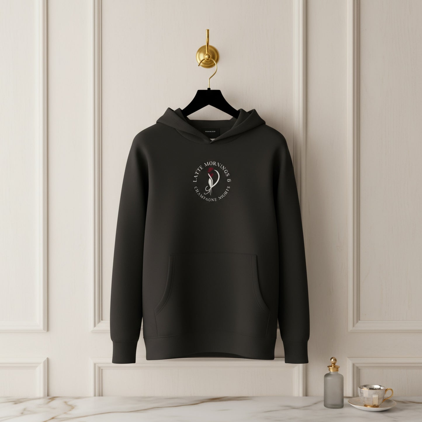 Chic Black Hoodie: Latte Mornings Champagne Nights Design