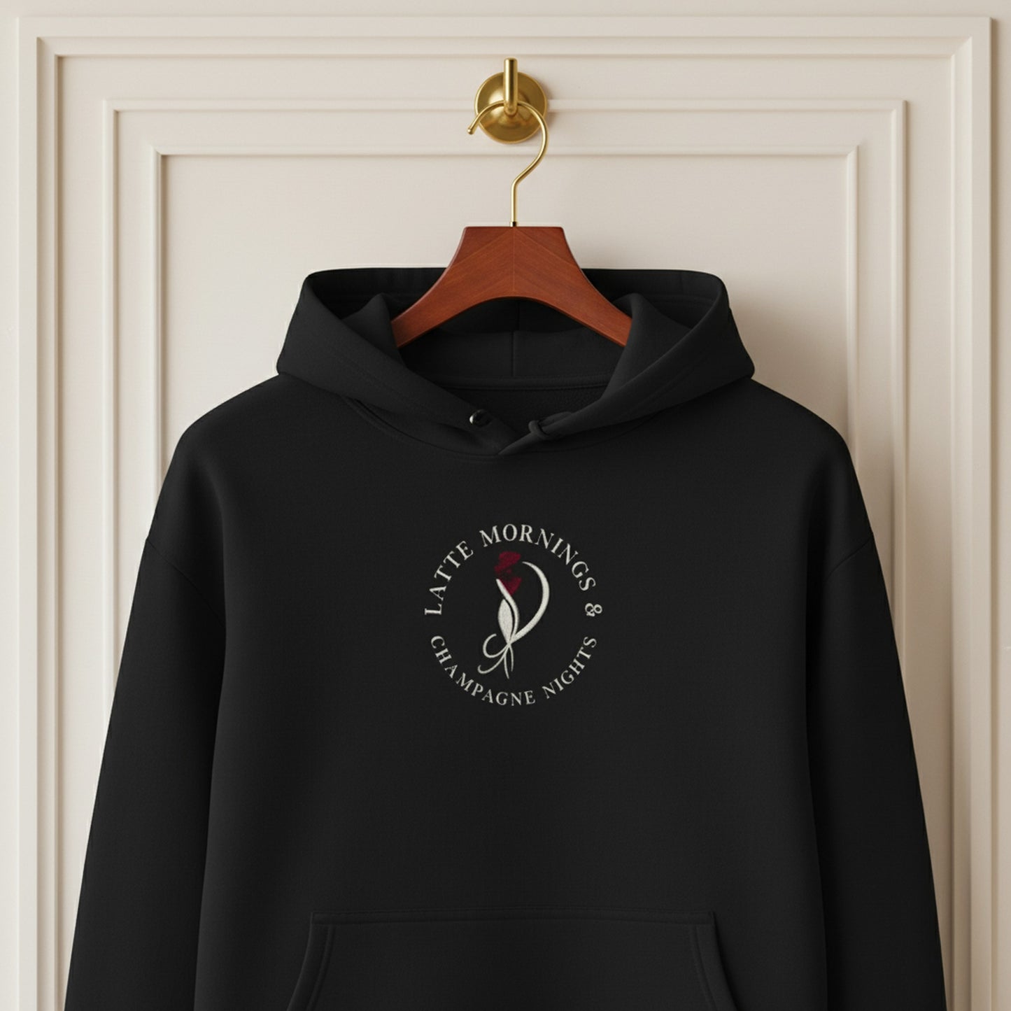Chic Black Hoodie: Latte Mornings Champagne Nights Design
