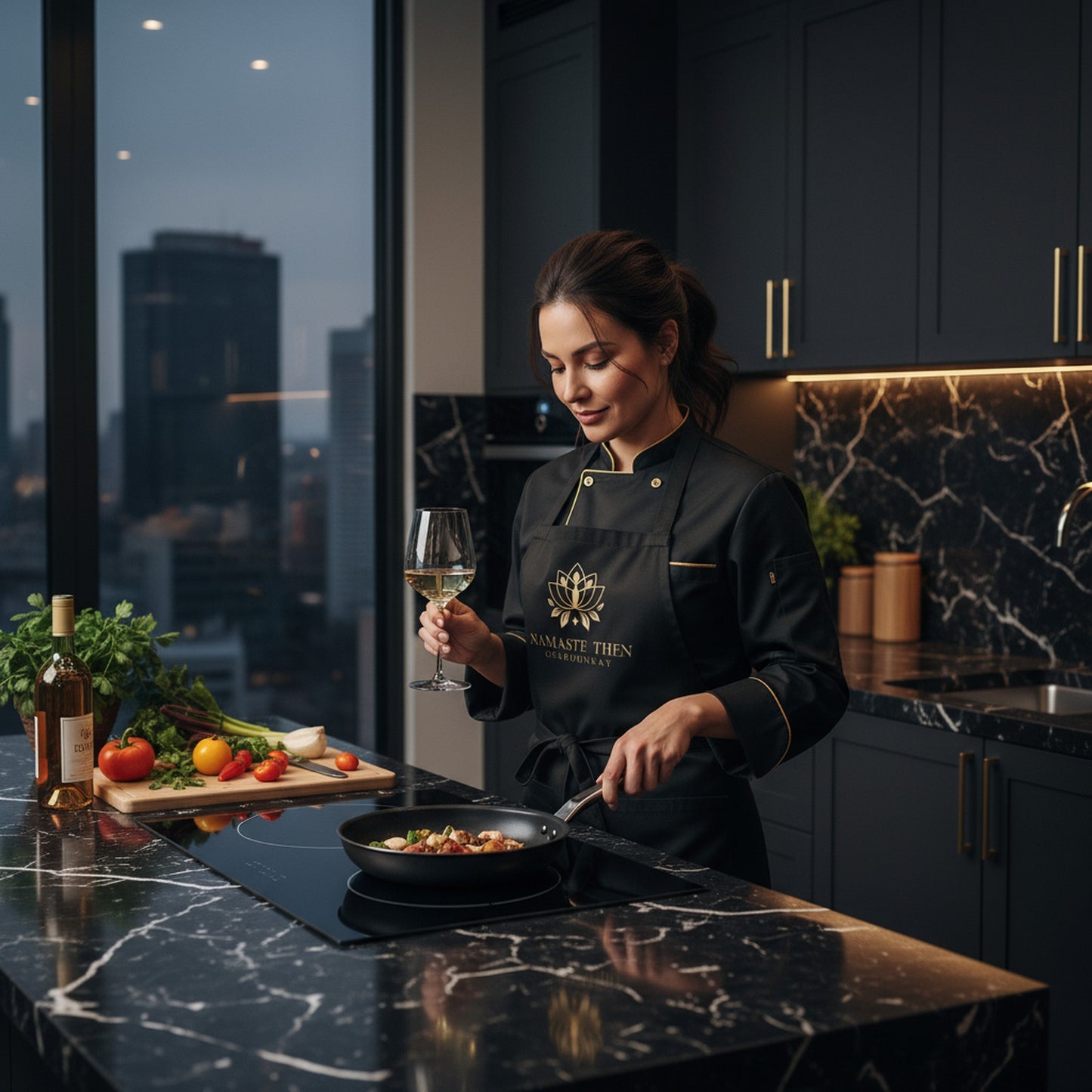 Namaste Then Chardonnay Black Apron | Cute Kitchen Gift for Wine Lovers