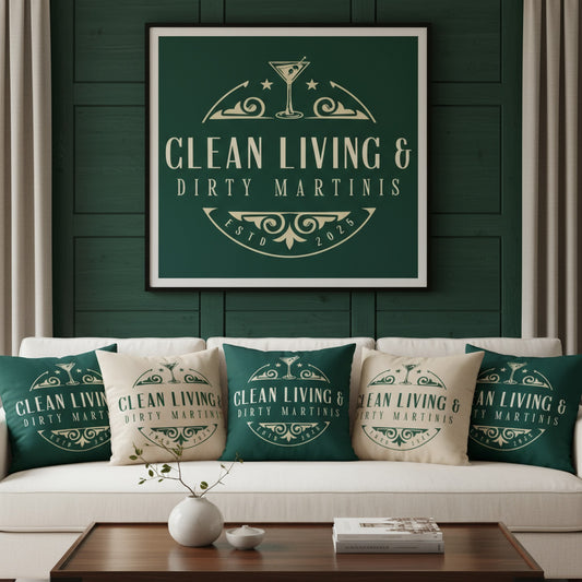 Clean Living & Dirty Martinis Velvet Cushion - Chic Home Decor