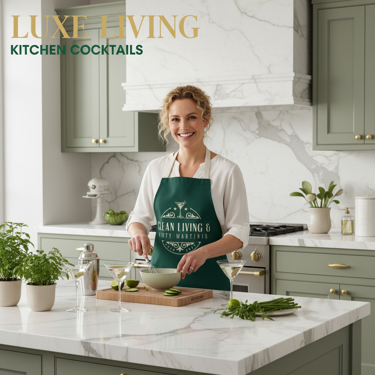 Fun Clean Living & Dirty Martinis Apron - Unique Gift for Foodies and Bartenders