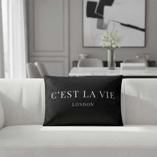 Elegant C'EST LA VIE Black Velvet Pillow for Stylish Interiors