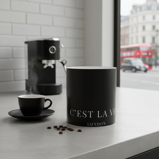 C'EST LA VIE Fine Bone China Black Mug - Elegant Coffee Cup
